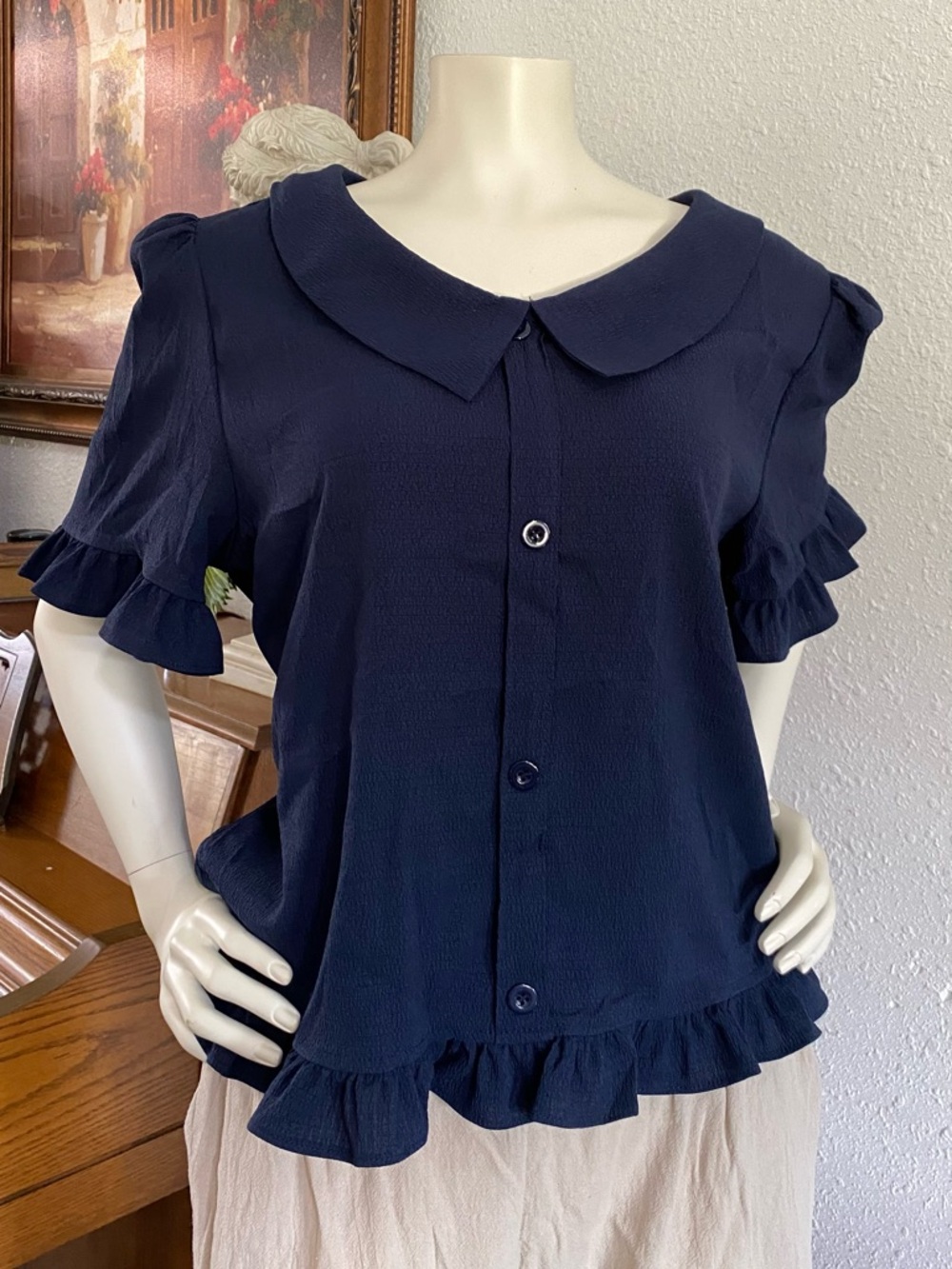 Navy Ruffle Button-Front Women's Top with Peter Pan Collar